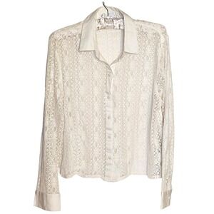 Old Navy Women's Cream Floral Open Work Button Down Long Sleeve Blouse Size M